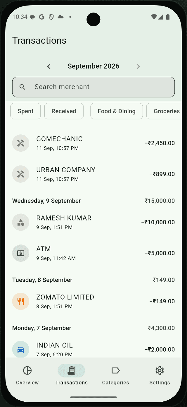 Transactions list grouped by day with merchant search and filters