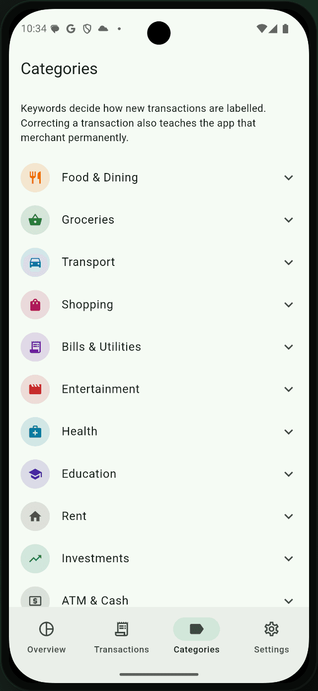 Categories screen listing Food & Dining, Groceries, Transport, Shopping and more